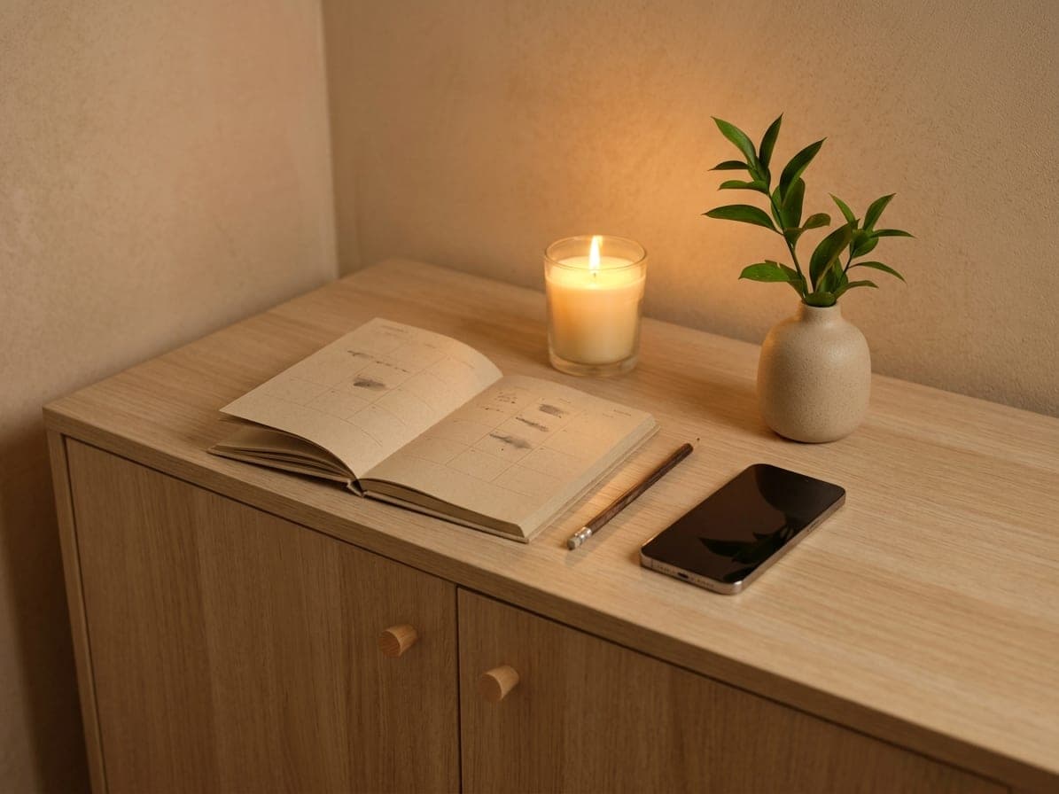 Carnet ouvert, stylo et téléphone sur un meuble en bois clair, bougie allumée et branche de feuillage