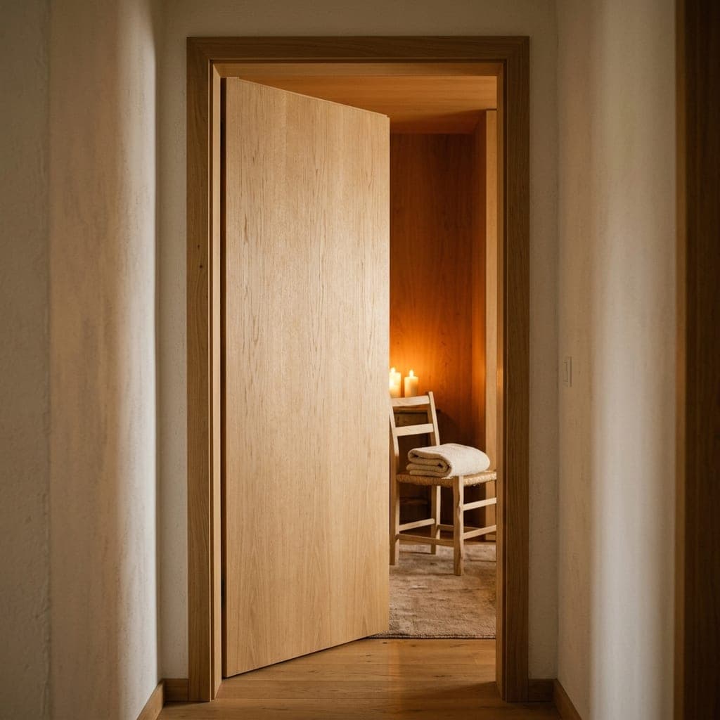 Porte en bois clair entrouverte sur une pièce chaleureuse éclairée à la bougie, avec une chaise