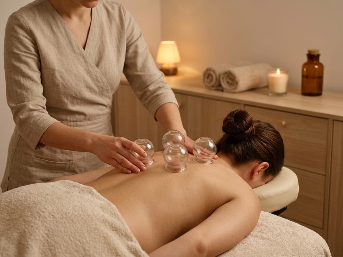 Séance de hijama : une praticienne en lin pose des ventouses en verre sur le dos d’une cliente allongée sur la table