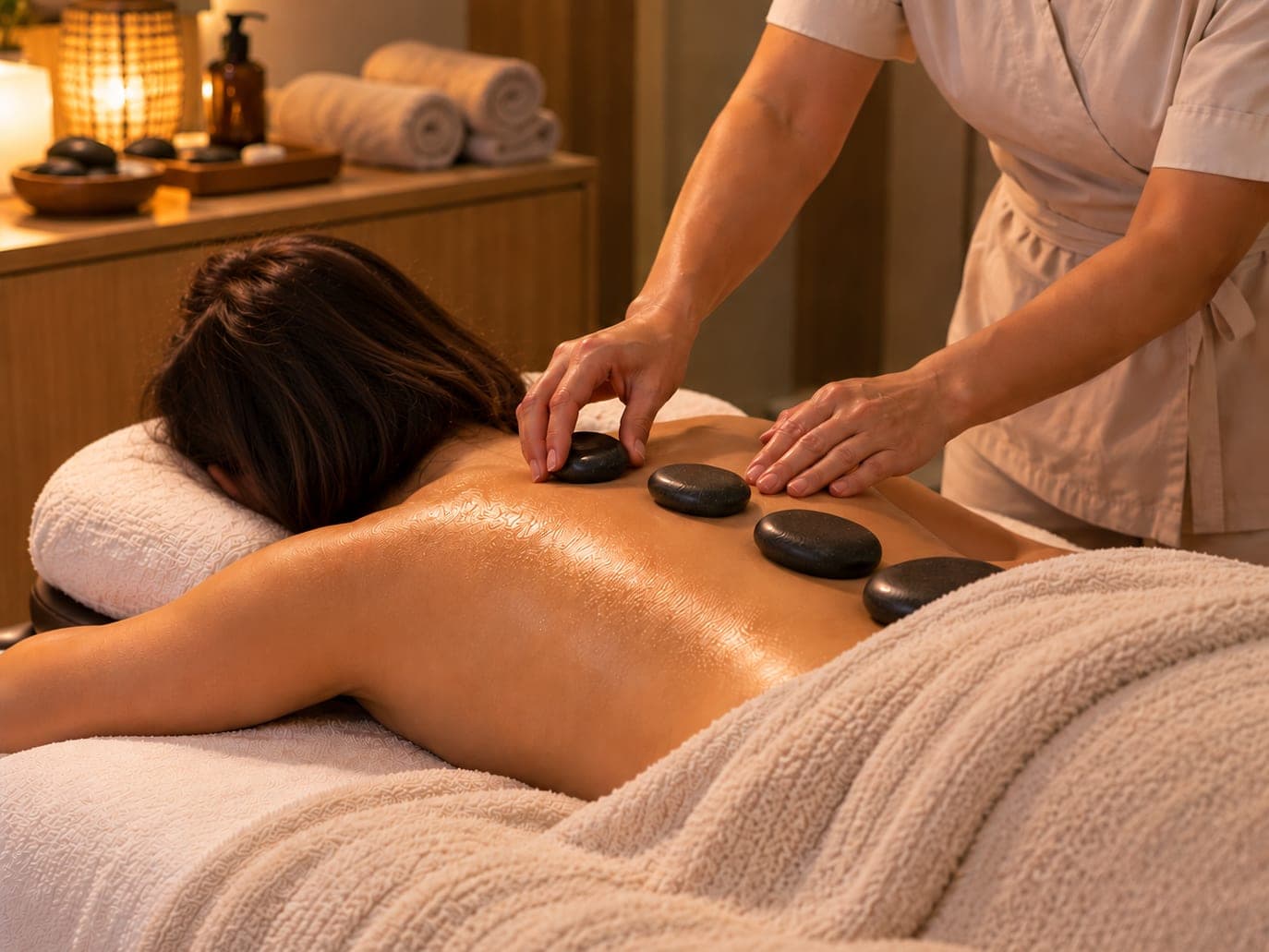 Massage aux pierres chaudes : quatre galets noirs alignés sur le dos d'une femme allongée, à la lueur d'une bougie