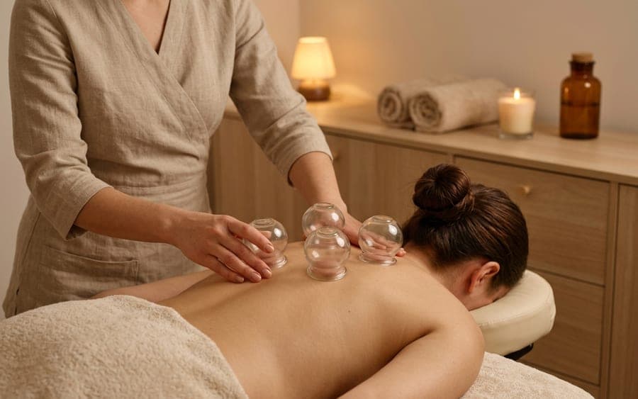 Ventouses en verre posées sur le dos d’une femme allongée, la praticienne en lin à ses côtés