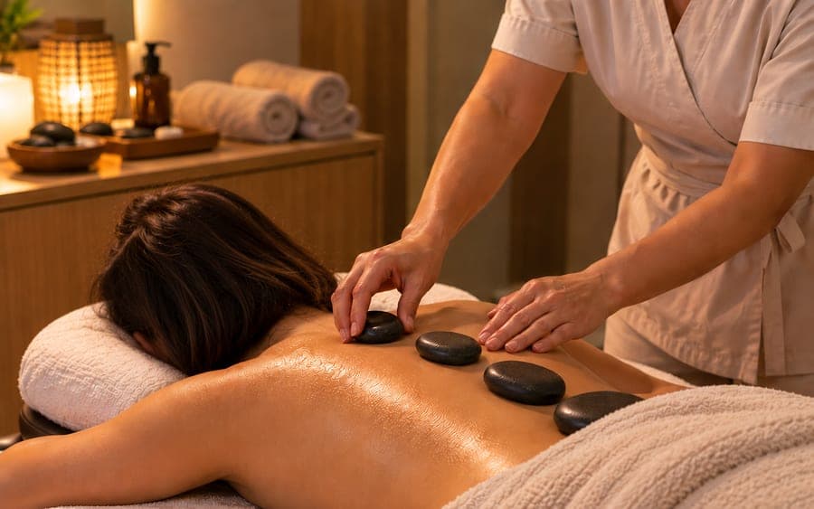 Quatre galets noirs posés sur le dos huilé d’une femme allongée, les mains de la praticienne au-dessus