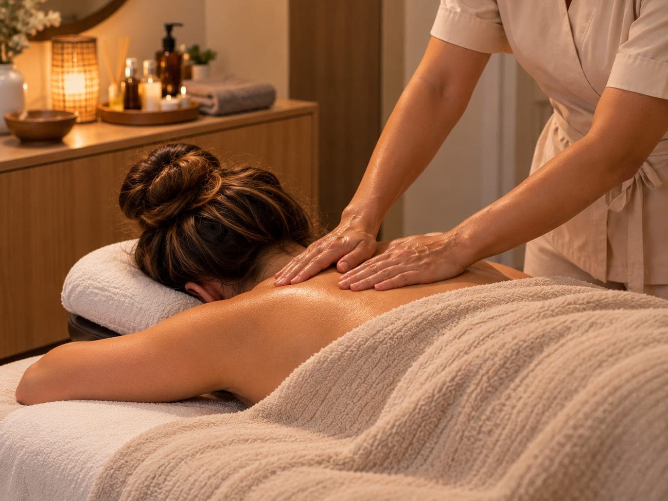 Massage californien : deux mains à plat sur le haut du dos d'une femme allongée, chignon brun, lumière de bougie