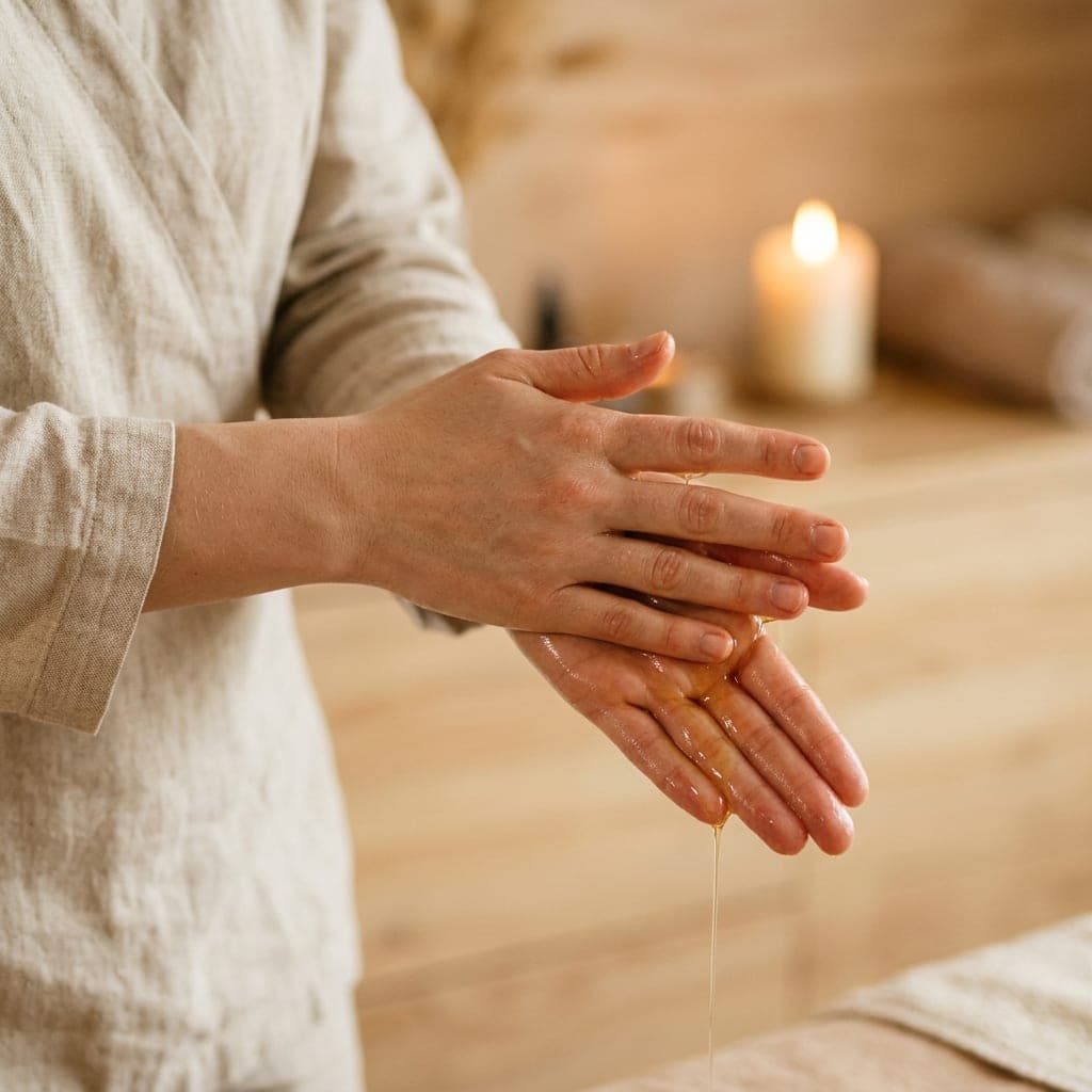 Mains en tunique de lin qui s’enduisent d’huile dorée avant le massage, bougie en arrière-plan