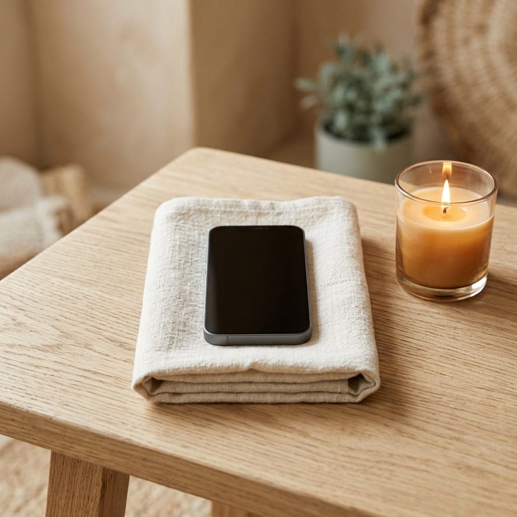 Téléphone posé sur une serviette blanche, sur une table en bois clair, bougie allumée à côté