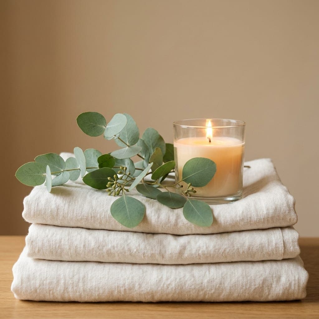 Pile de serviettes blanches surmontée d’une bougie allumée et de brins d’eucalyptus