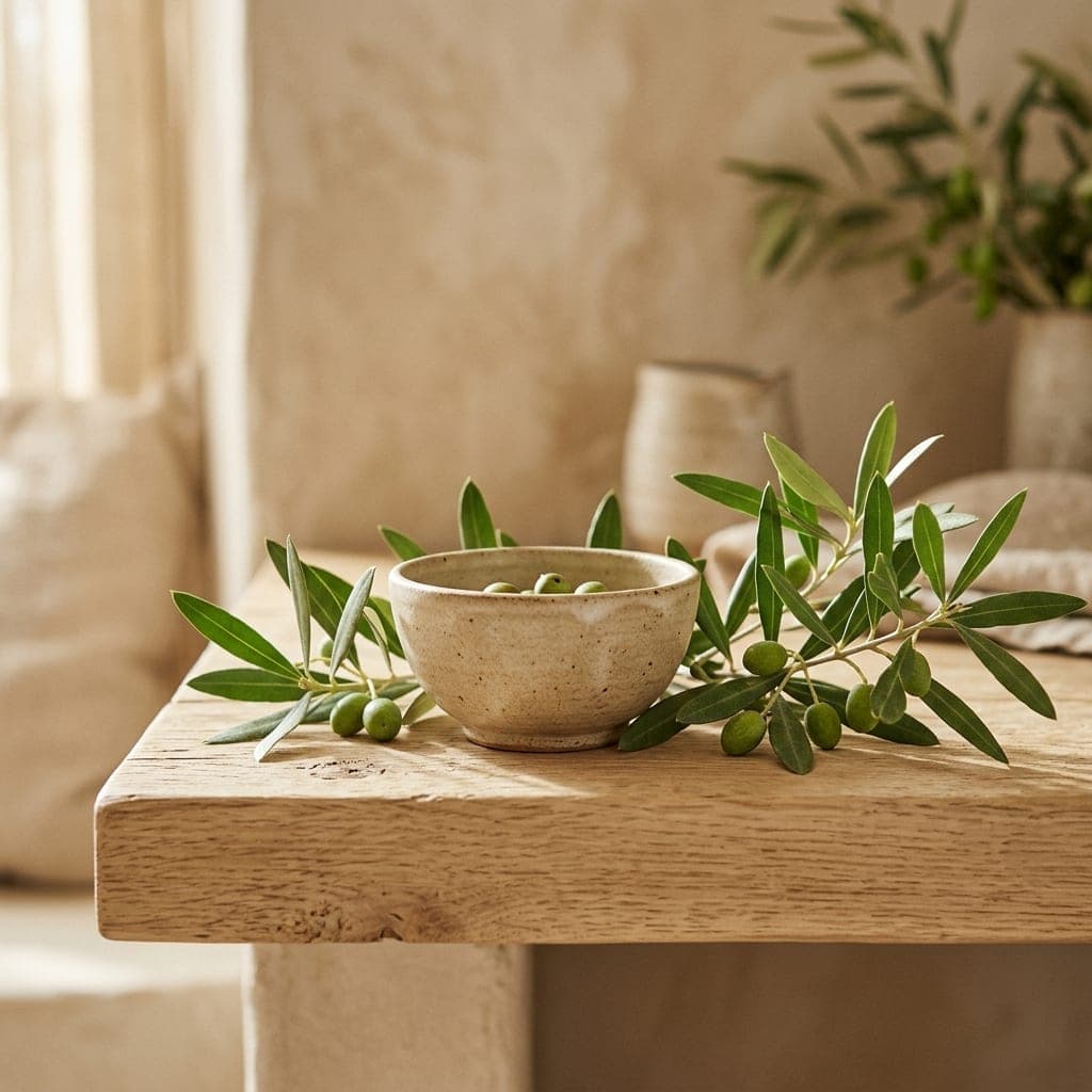 Rameau d’olivier et bol en grès rempli d’olives sur une table en bois brut près d’une fenêtre