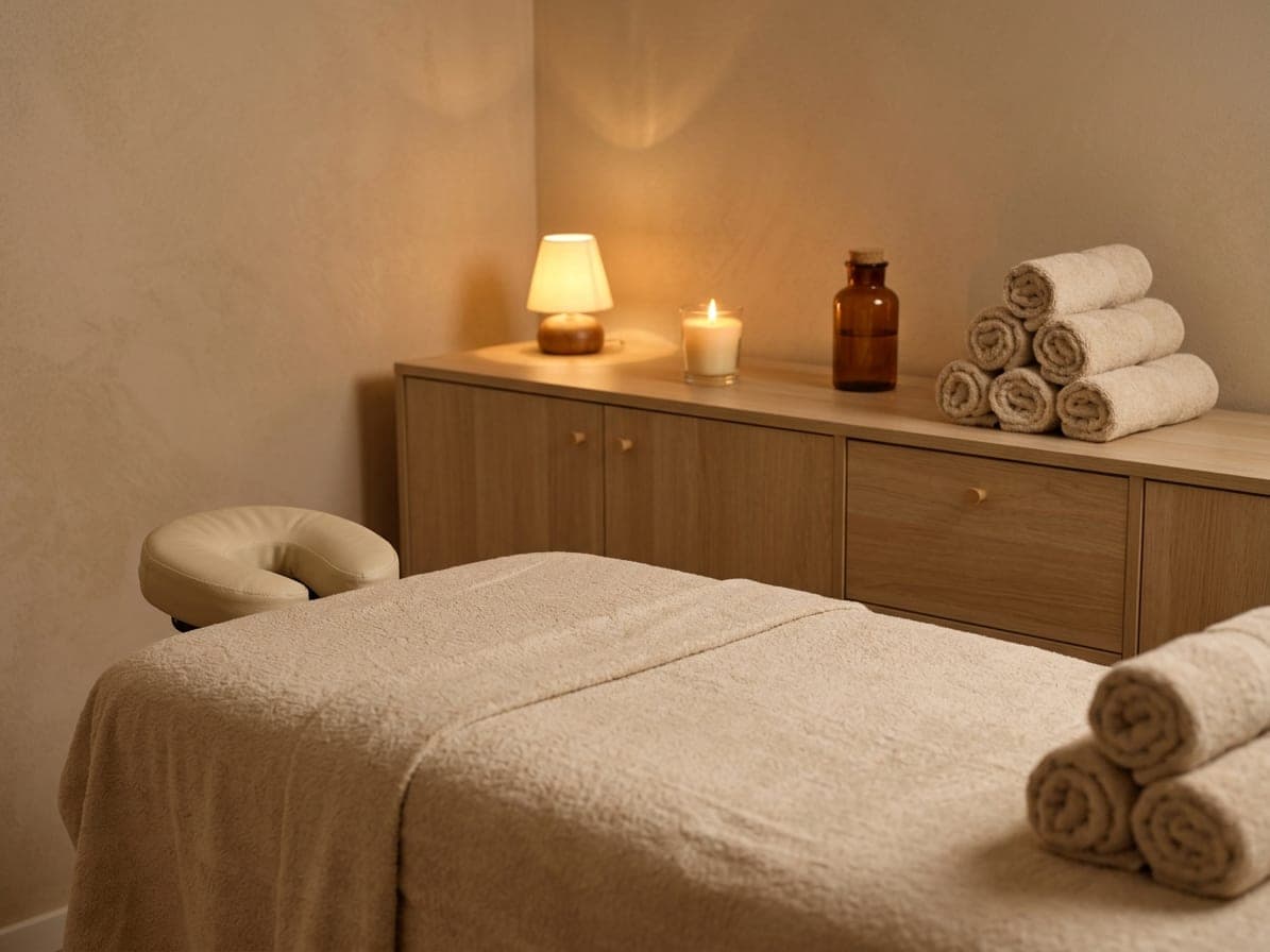 Table de massage couverte d’un drap éponge beige, serviettes roulées, bougie et flacon ambré sur un meuble